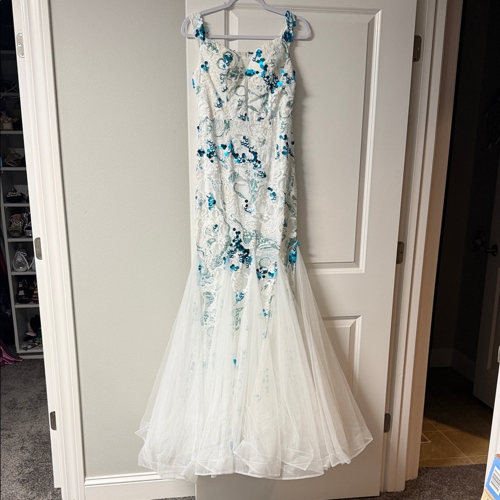 Elegant White and Blue Floral Gown